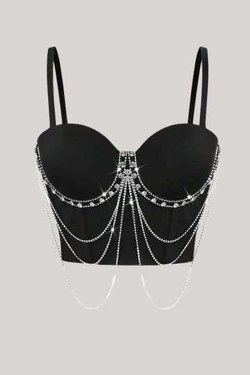 Top bustier de corsé de abalorios negros brillantes